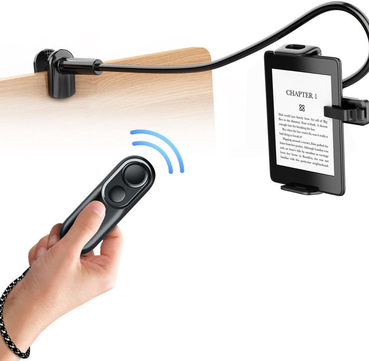 Tabletstandaard met RF-afstandsbediening en paginaomslagfunctie.