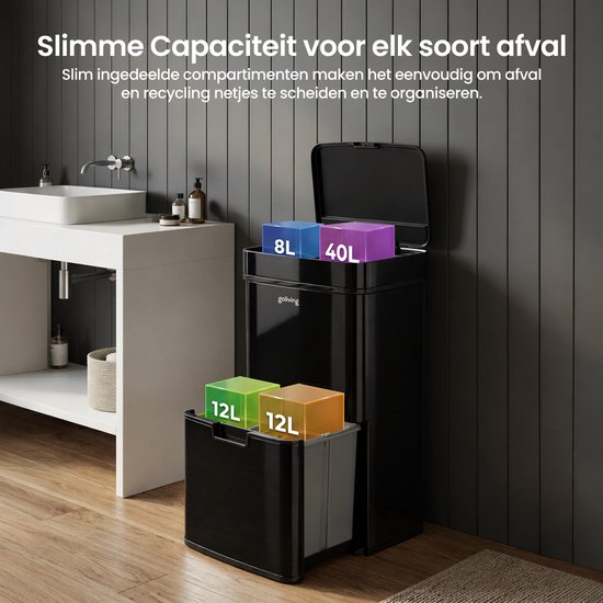 Zwarte prullenbak met 4 compartimenten: 8L, 40L en 2x12L.