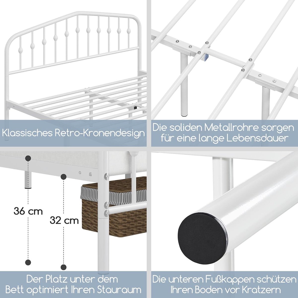 Metalen Bedframe 160x200 cm – HomeByNicole Vintage Tweepersoonsbed met Hoofdeinde – Wit Stalen Bed met Lattenbodem – Stevig, Piepvrij & Met Opbergruimte – Modern Industrieel Design