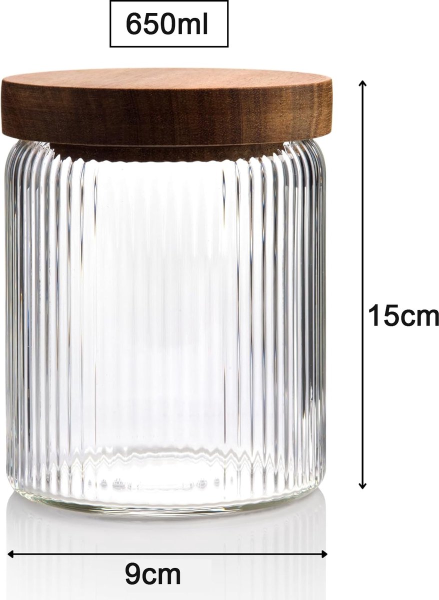 Geribbelde Glazen Pot met Houten Deksel - Set van 3 - Luchtdichte Geribbelde Voorraadpotten voor Voedsel, Thee, Koffie, Snoep & Kruiden - Opbergpotten voor Huis - Keuken - 650 ml - 9x15cm — cadeau in Wonen & Interieur - foto 7