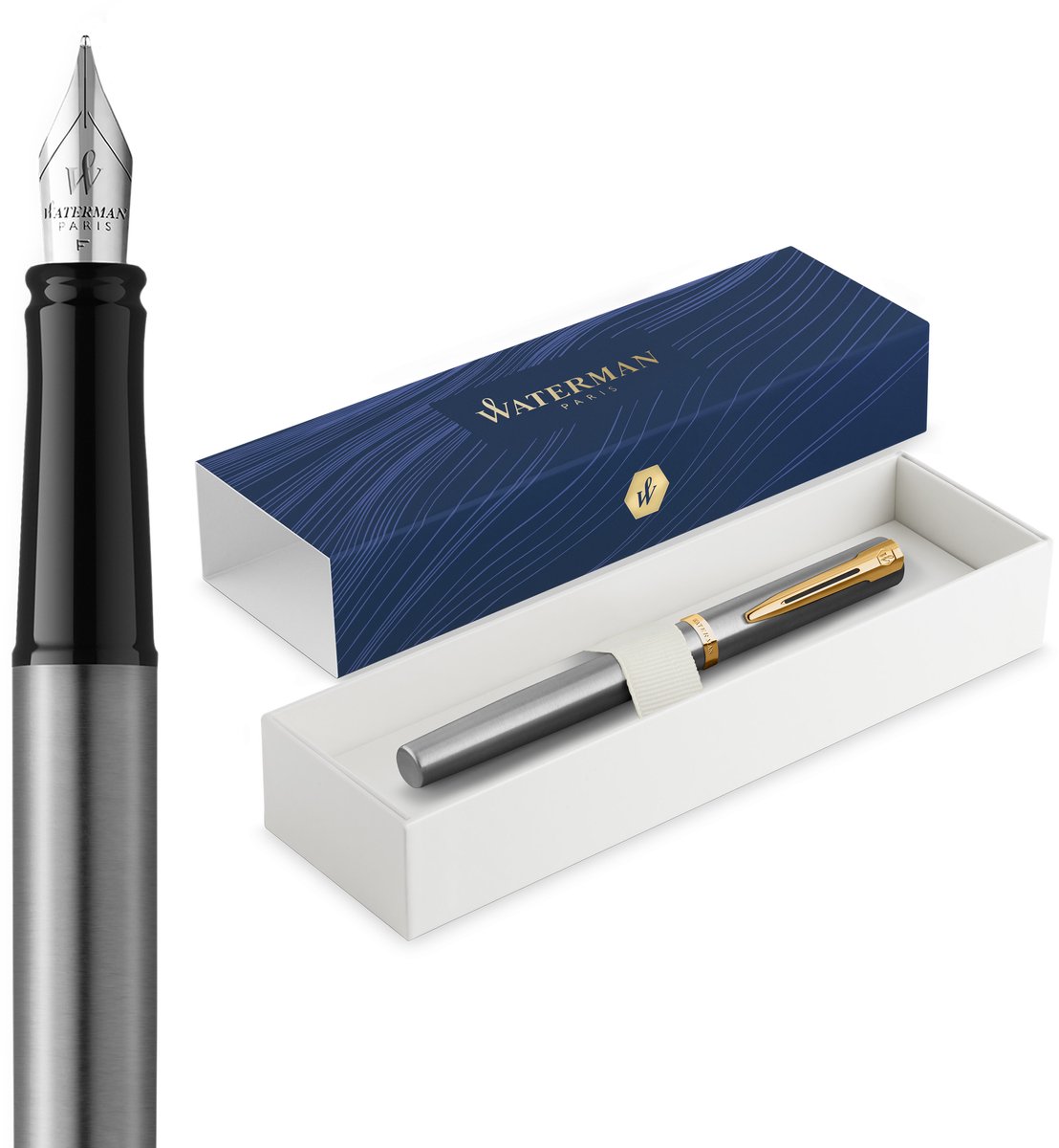 Waterman Impression Vulpen | Fijn Vulstuk met Blauwe Inktvulling | Roestvrij Staal met Goudkleurige Afwerking | Geschenkdoos