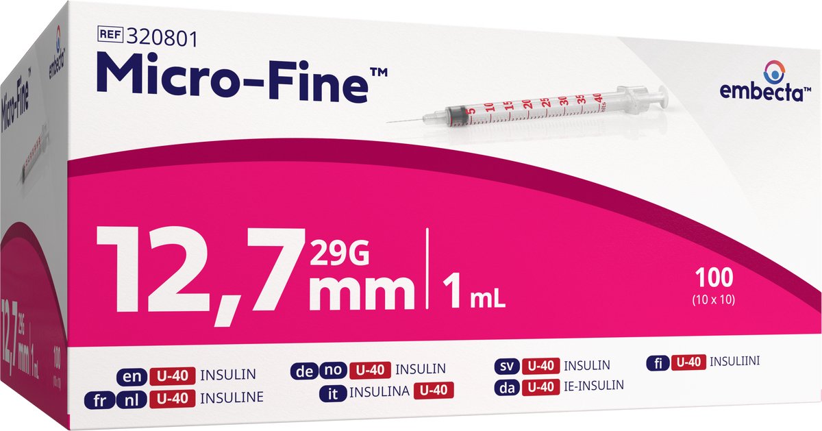Injectiespuit BD Micro-Fine Insuline, 1ml + naald 29G (0,33 x 12,7mm) U40 – 100 stuks