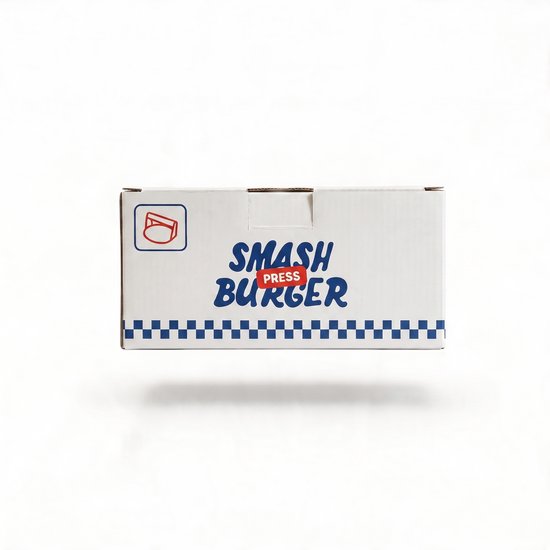 Witte kartonnen verpakking voor smash burger pers met 'SMASH BURGER PRESS' logo en blauw-wit geblokte rand.