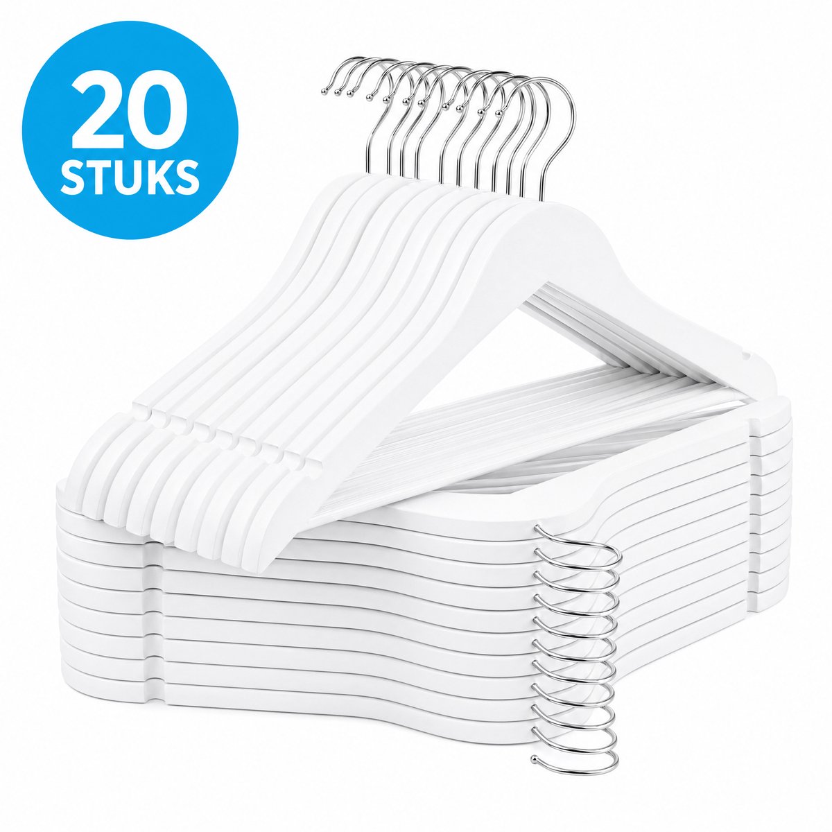 Monza Home® Kledinghangers – 20 stuks – Hout – Wit - Antislip Broeklat