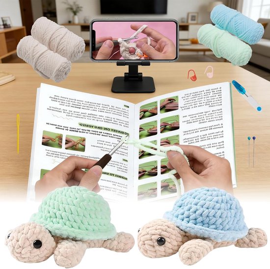 Haakset voor beginners met dierenmotief, 2-delige schildpadhaakset, inclusief instructies en garen voor volwassenen en kinderen — afbeelding 3