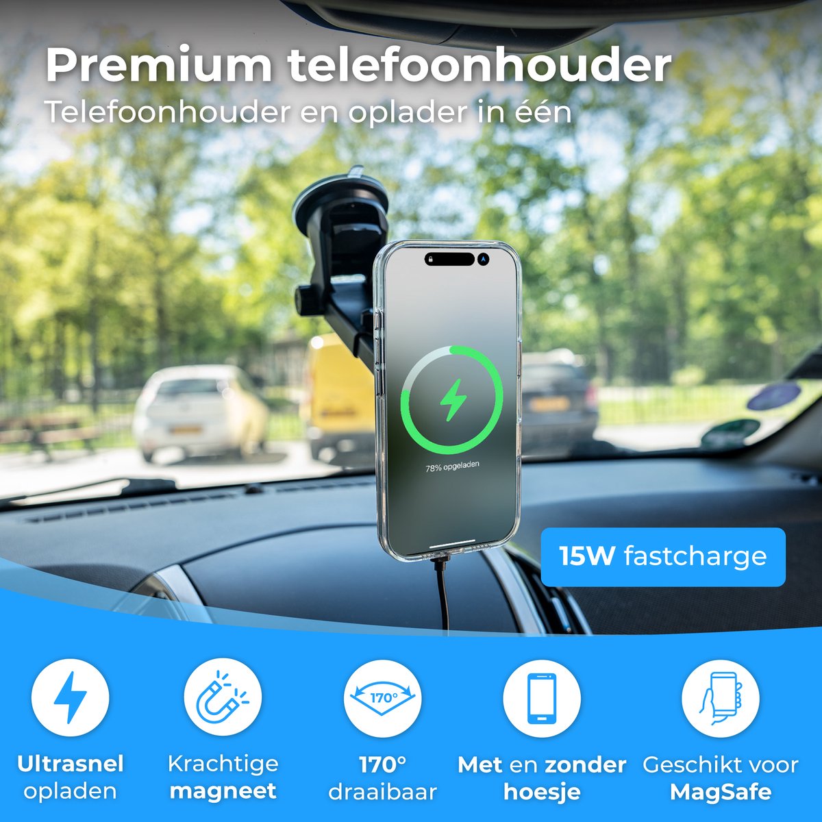 Nuvance Telefoonhouders Auto - Telefoonhouder met Zuignap - Geschikt voor MagSafe - Incl USB-C kabel - Draadloze Oplader - Gsm Houder Auto – foto 2
