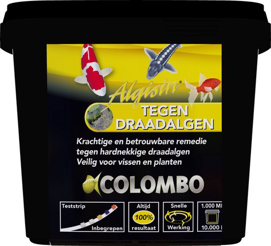 Zwarte emmer met Algisin Tegen Draadalgen label. Afbeeldingen van vissen en draadalgen. Inhoud 1.000 ml.