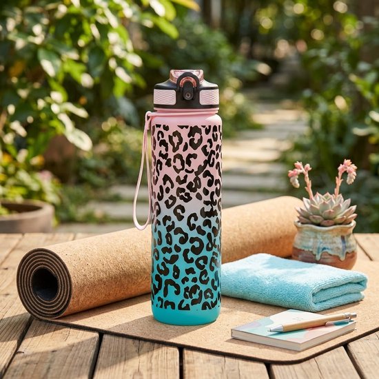 Roze turquoise kleurverloop waterfles bidon dames met zwart luipaard patroon en draaglus - herbruikbare sport waterfles met flip drinkdop en sluitclip voor fitness sport fietsen school kantoor en outdoor gebruik — afbeelding 5