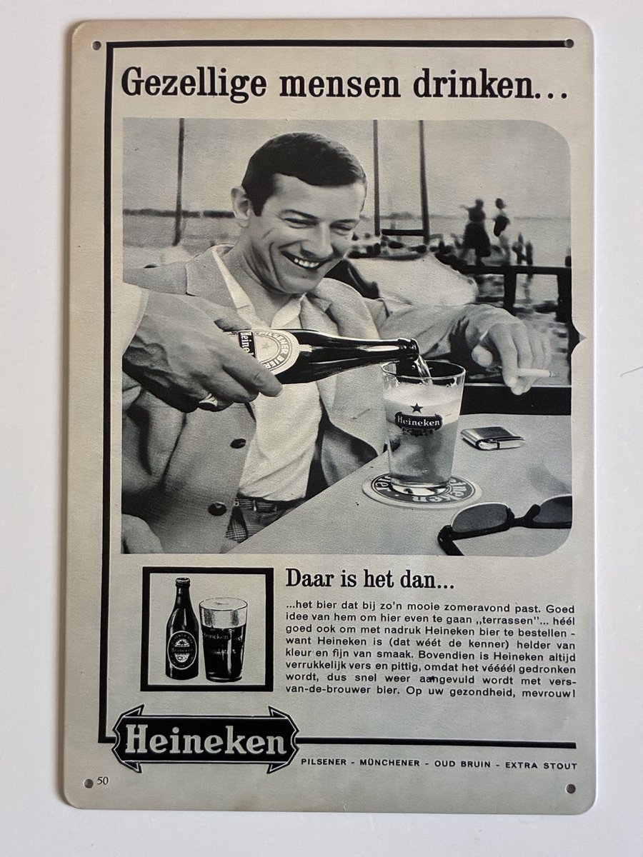 oude heineken reclame jaren 50 Metalen wandbord 20 x 30 cm - Mancave -Wand Decoratie - Metalen borden - Tekst borden - Metalen bord - Reclame bord - Vintage - Kroeg - Bar – Cafe - Horeca - retro