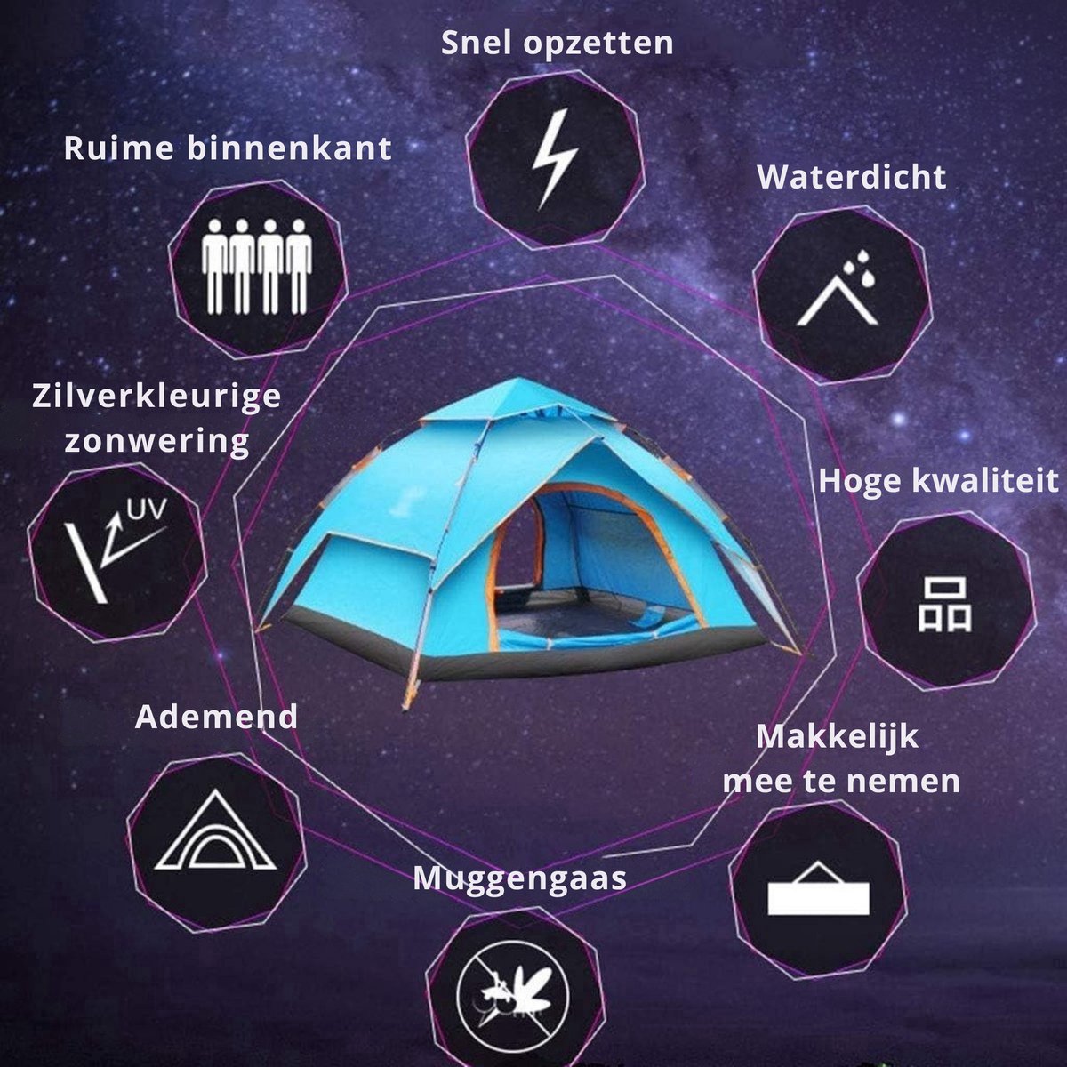 Webzon – Pop-up Tent 2-3 Personen 200x230x140 cm – Waterdicht 3000MM Automatische Kampeertent – Binnen 1 Minuut Opzetbaar – 210D Oxford – Festival, Strand, Camping & Outdoor – Muggengaas, Ventilatie & Draagtas – Blauw – foto 3