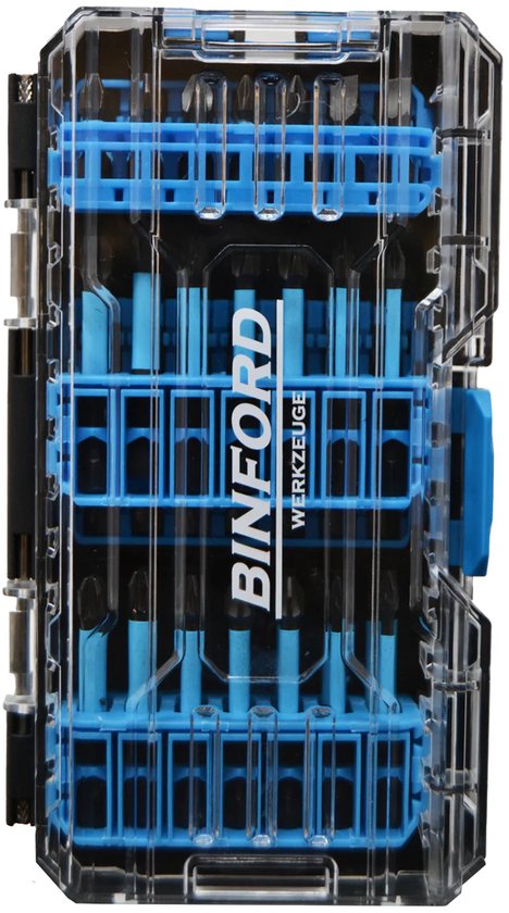 Doorzichtbare koffer met blauwe en zwarte bit-houders, met het Binford Werkzeuge logo.