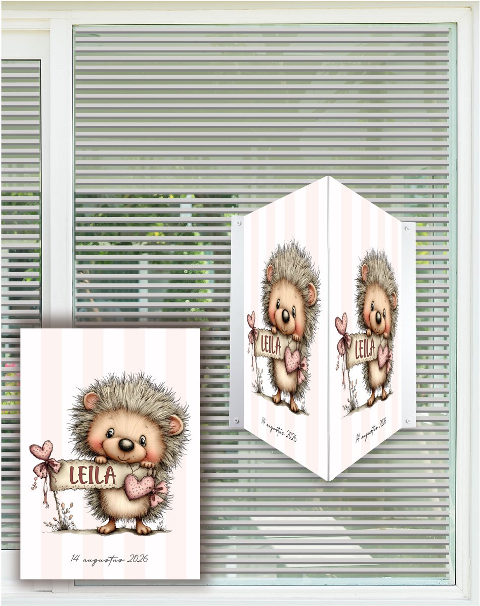 StudioJitske | geboortebord | raambord | raamsticker 80cm | egel vaandel bloemen met naam en geboortedatum
