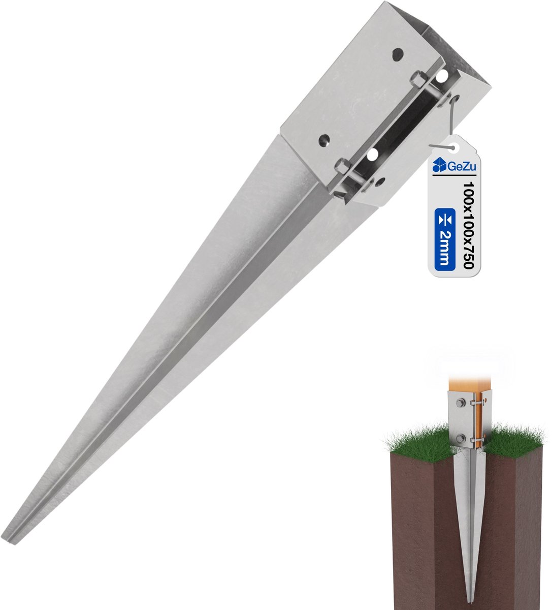 GeZu Impex Verstelbare Paalhouder Met Punt 100 x 100 x 750 mm – Thermisch Verzinkt