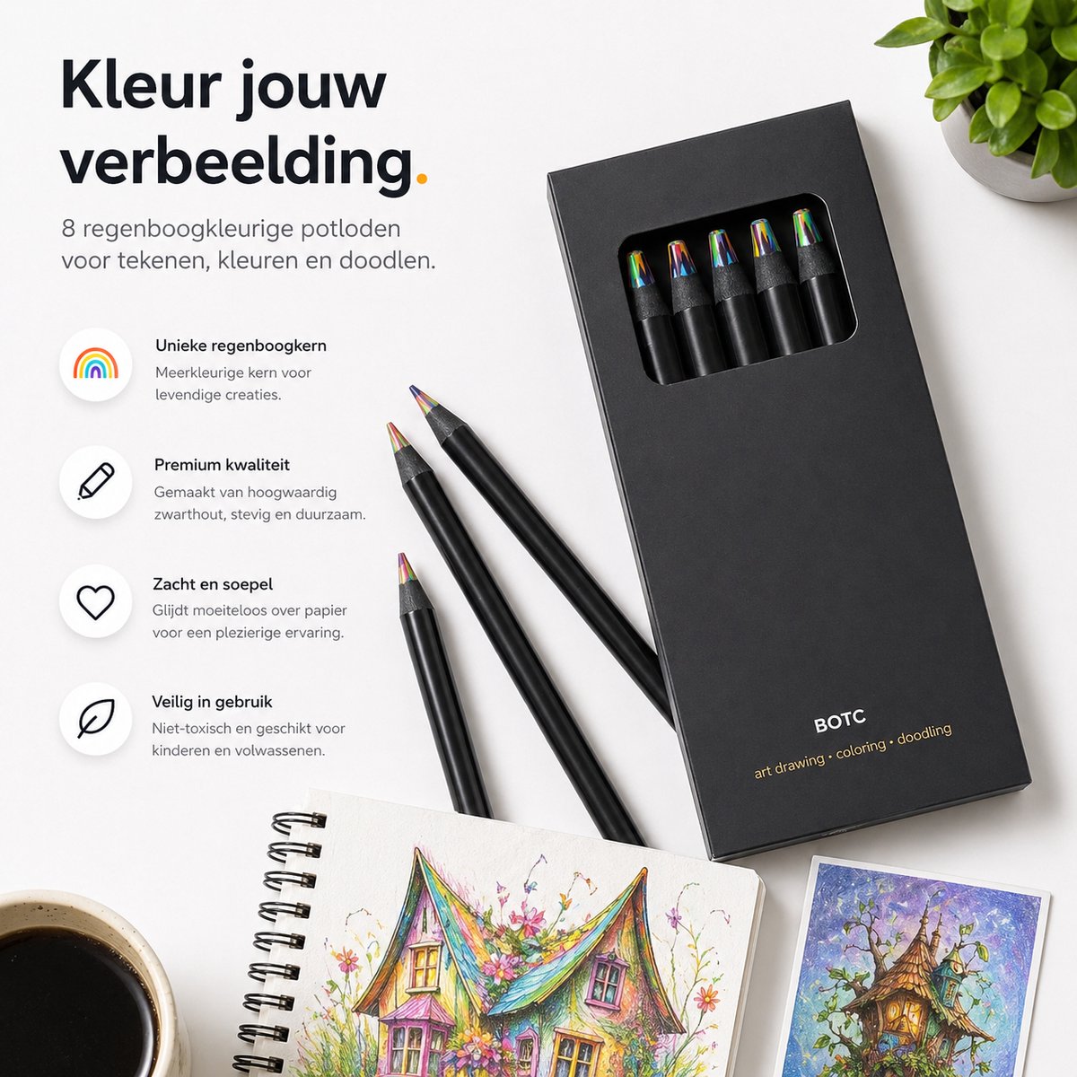 BOTC Kleurpotloden - Set van 12 Stuks - Kunstbenodigdheden - Voorgeslepen - Tekenset voor Volwassenen en Kinderen — afbeelding 8