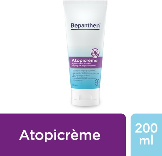 Witte tube Bepanthen Atopicrème, 200ml, met paarse en blauwe accenten. Beschrijving van de crème.