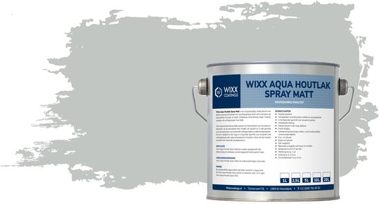 Blik met "WIXX AQUA HOUTLAK SPRAY MAT" in lichtgrijs. Beschikbaar in 1L, 2,5L, 5L, 10L en 20L. Achtergrond met verfspatten.