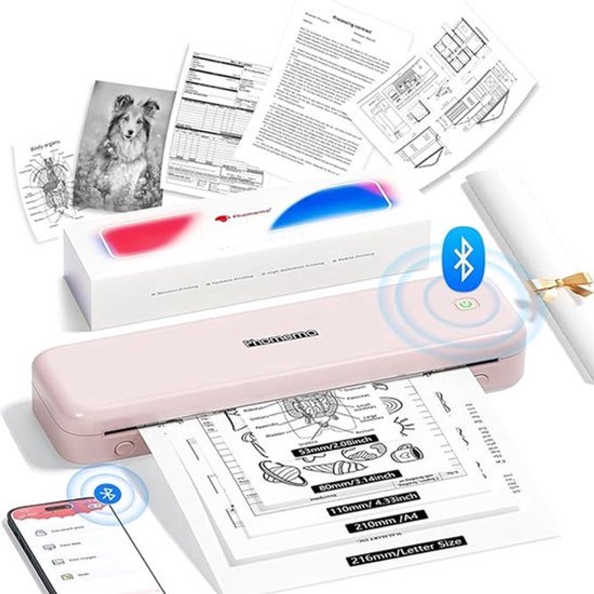 Draagbare Thermische Printer – Mobiele Printer – Compacte Printer – Inktloze Printer – Bluetooth Printer – A4 Formaat – 300 dpi Resolutie – Roze Kleur
