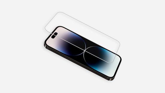 Protecteur d'écran en verre pour smartphone, sur fond minimaliste.
