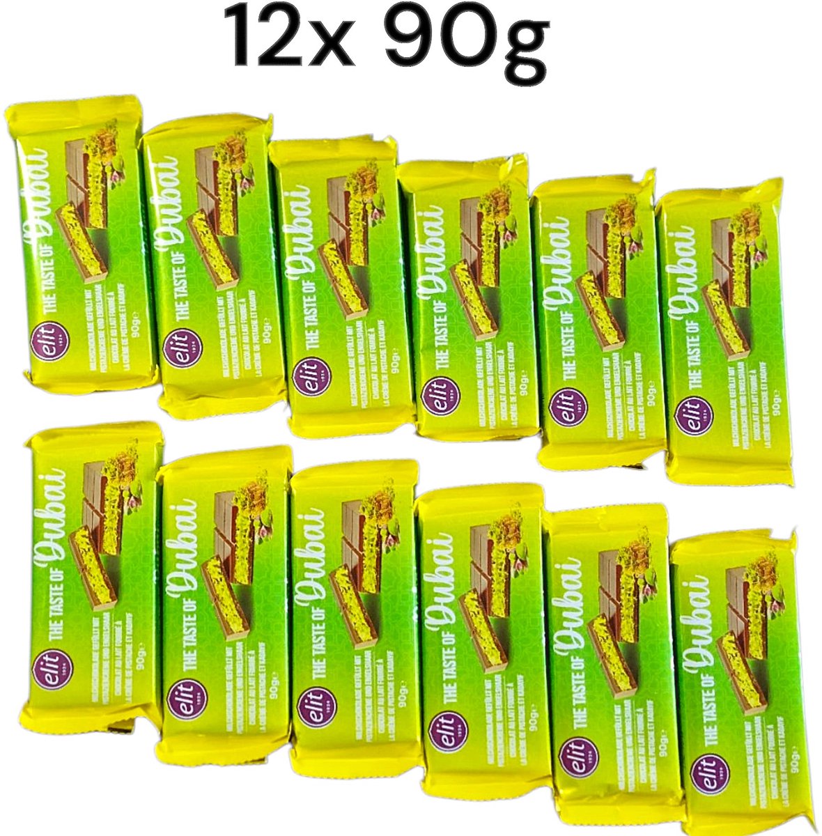 Elit Dubai Chocolade Reep met Kadayif Kunafah & Antep Pistachecrème – 12x90g Voordeelpak | Luxe Gevulde Chocolade | Premium Geschenk