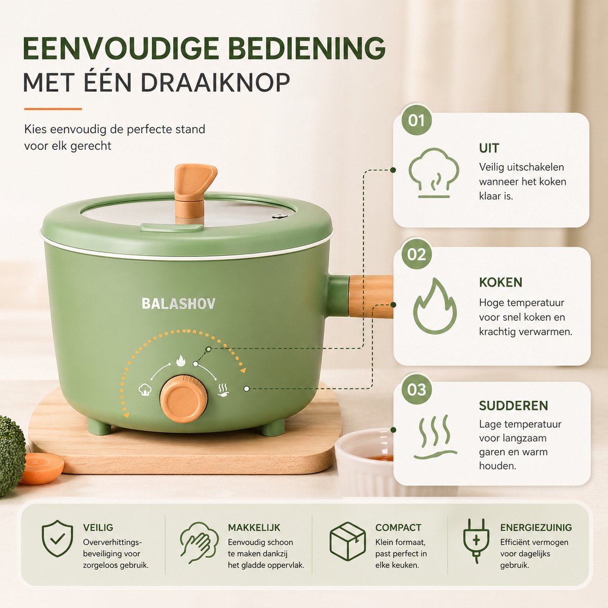 Jurrys Elektrische Stoofpot - Kookpot - Kookpan - Hotpot - Stoofpan - Compact -Langzaam garen - RVS Binnen pan - 24.5 cm - Groen – foto 2