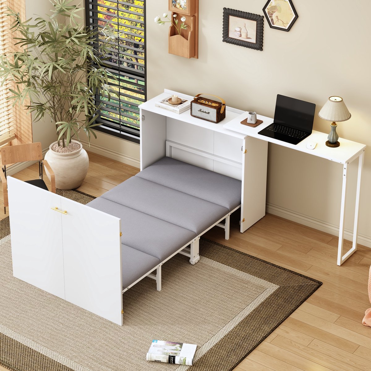 Sweiko Opklapbed - 90 x 200 cm - Inclusief draaibare bureau - Met matras - Wit
