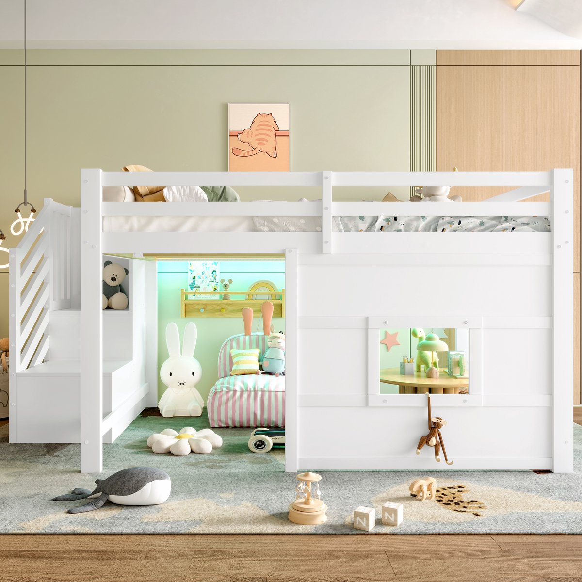 Zubaliya Hoogslaper 140 x 200 cm wit - Met opbergtrap en venster - LED-verlichting en veilige leuning - ruimtebesparend bed - bed met opbergruimte