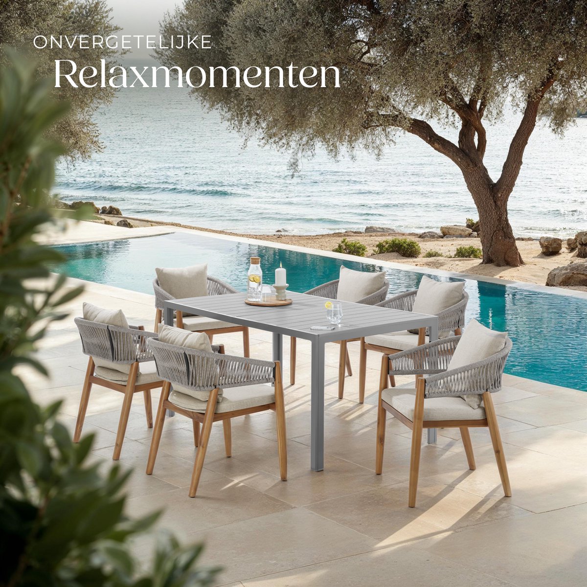 tectake® Set van 4 Tuinstoelen Manacor - Tuinstoel in Rope-Design - Balkonset - Weerbestendige Buitenstoel van Gelakt Acaciahout - Grijs/Beige - Stoelen voor Tuin, Balkon, Terras – foto 8