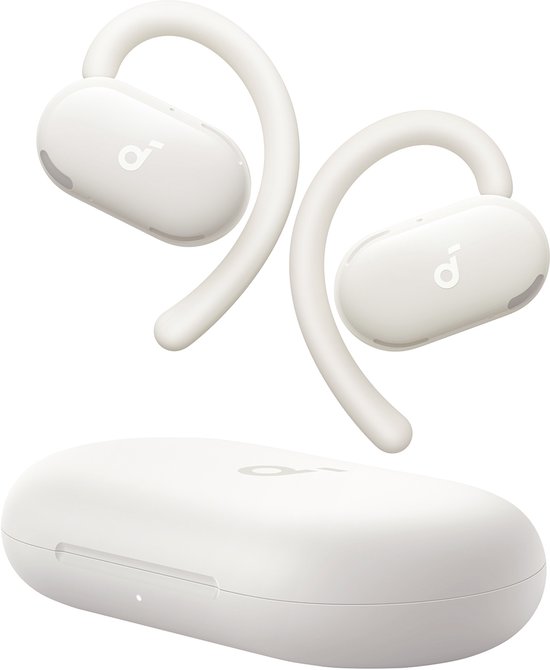 Paar witte soundcore V20i oordopjes met oorhaken en een wit laadstation.