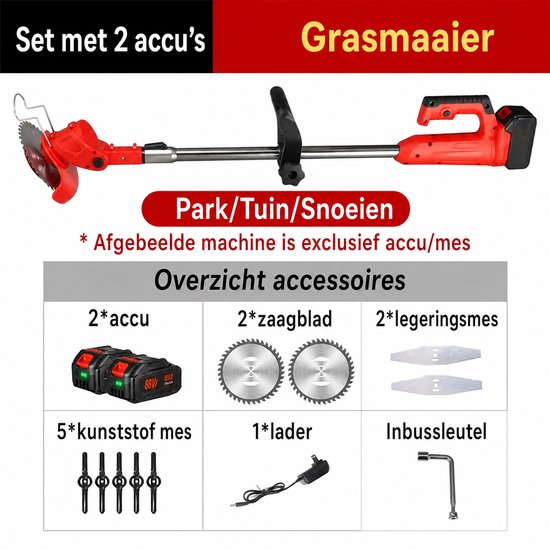 Traumheim® Accugrastrimmer, elektrische grasmaaier, met 2 accu's en oplader, 180° trimhoek, telescoopsteel & extra handgreep, rood van Traumheim — afbeelding 3