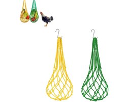 2-stuks Hangende groentevoederbak voor kippen - Hangende voerbak voor kippen - Groentenetzak voor kippen - Fruitrek voor pluimvee - Met haken - Geschikt voor hennen, kippenhokken, eenden, grote vogels, enz. - Groen, geel