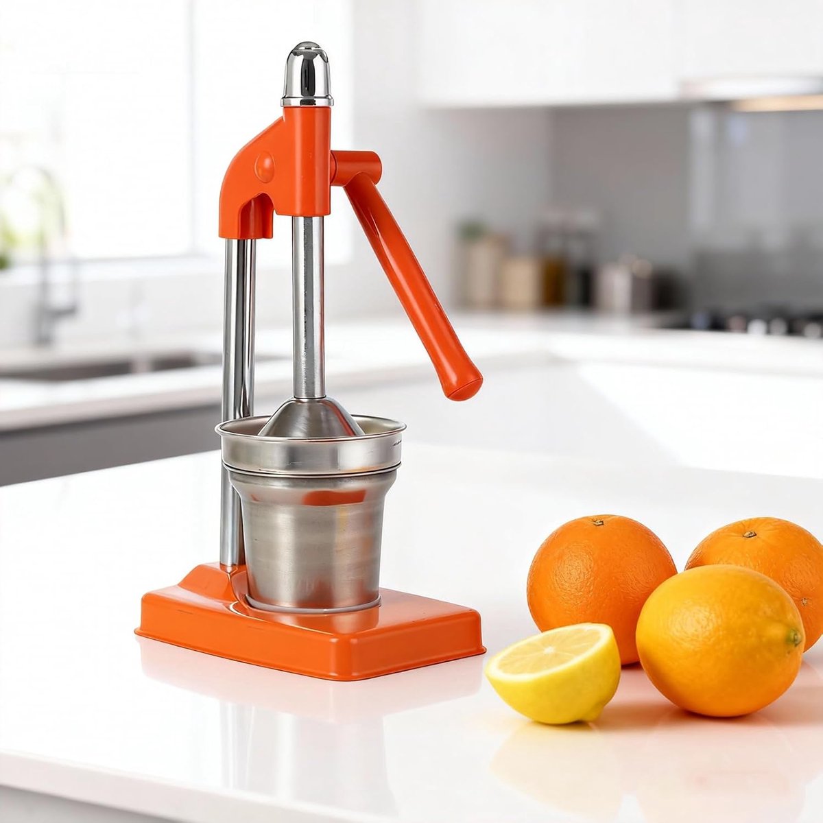 carmdering - Citruspers - Handmatige Citruspers - Sapcentrifuge - Roestvrij staal, 12,5×18,5×36,5 cm - Druppelvrij, ergonomisch handvat - Geschikt voor citroen, limoen, sinaasappel en granaatappel - Perfect voor thuis en keuken - Oranje