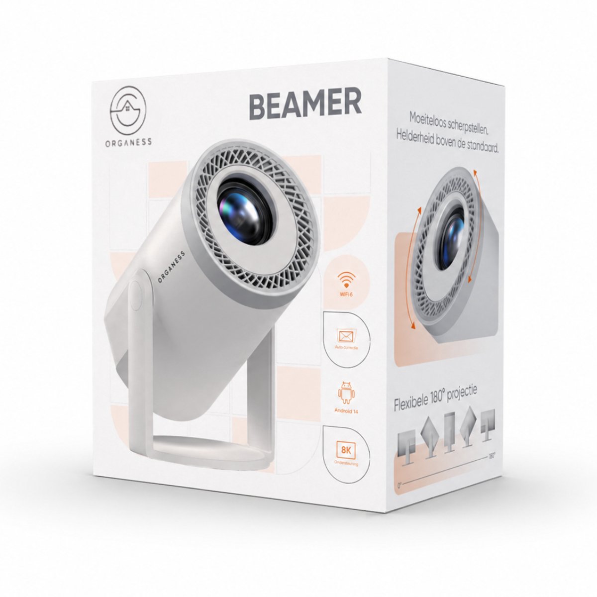 Organess Beamer - Home Cinema - Projector - Android 14.0 - WiFi 6 & Bluetooth 5.4 - 8k ondersteunend - Projector Scherm - Wit