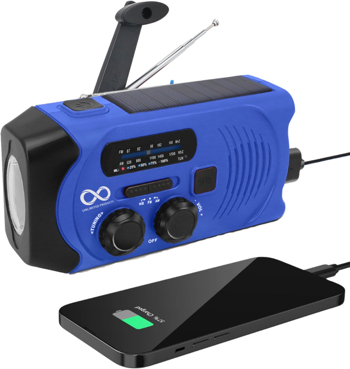 Noodradio - Solar - Opwindbaar - Blauw - Powerbank zonneenergie - Zaklamp - draagbare radio