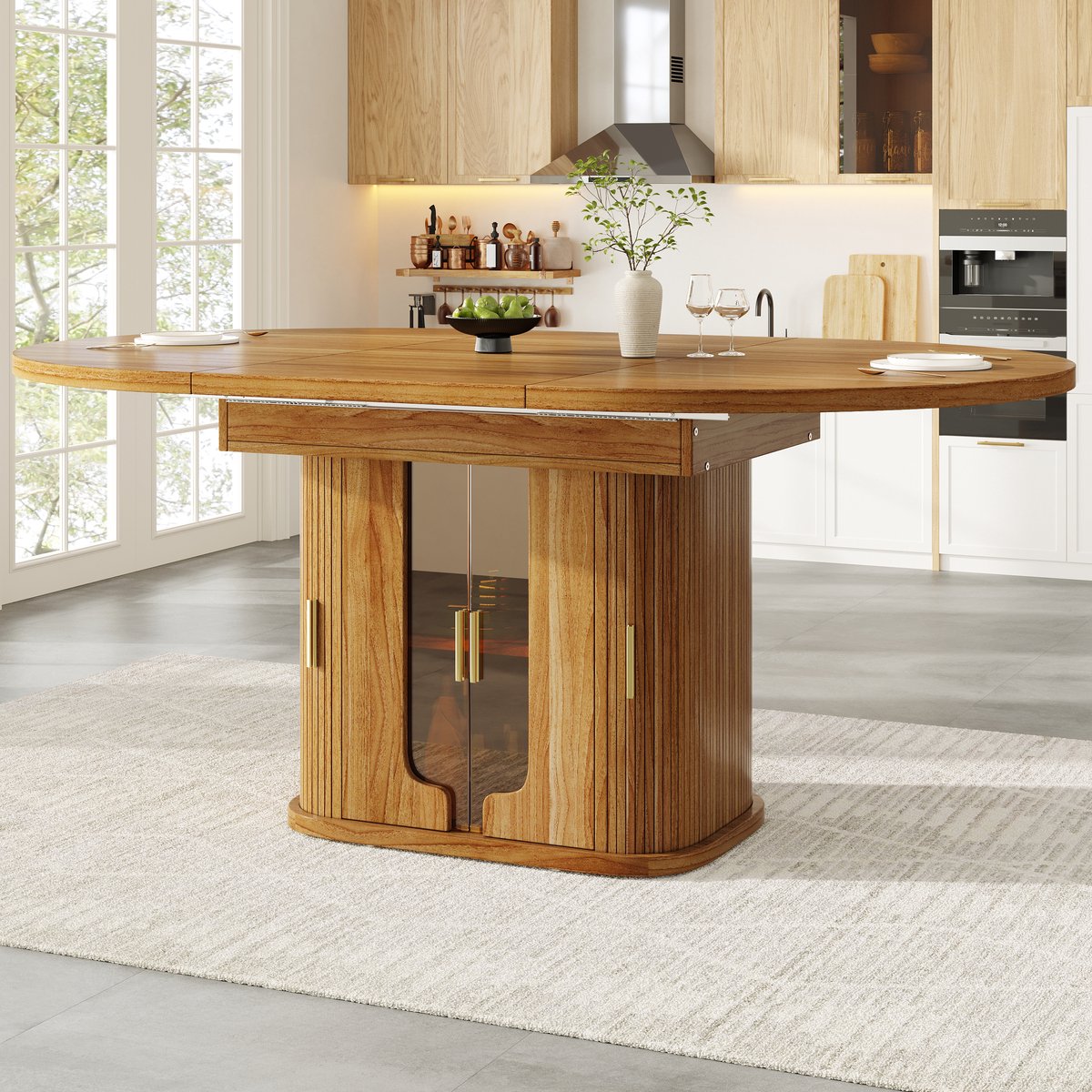 KOMHTOM Uitschuifbare eettafel, eettafel, keukentafel, ronde eettafel, uitschuifbaar tot ovaal, 118-158 cm, plaats voor maximaal 6 personen, eettafel met glazen deuren, walnoot