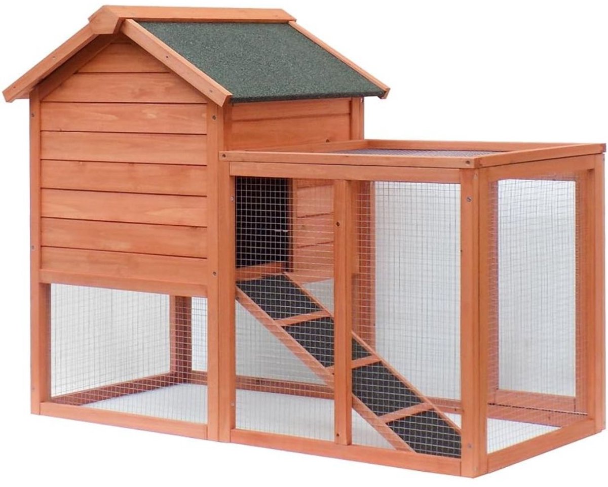 KAD® Kippenhok - Kippenhok Met Ren - Kippenhok & Konijnenhok met Ren - Bruin - 122cm x 53cm x 92cm