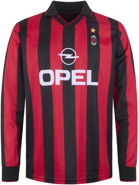 AC Milan voetbalshirt met lange mouwen, verticale rode en zwarte banen, Opel logo.