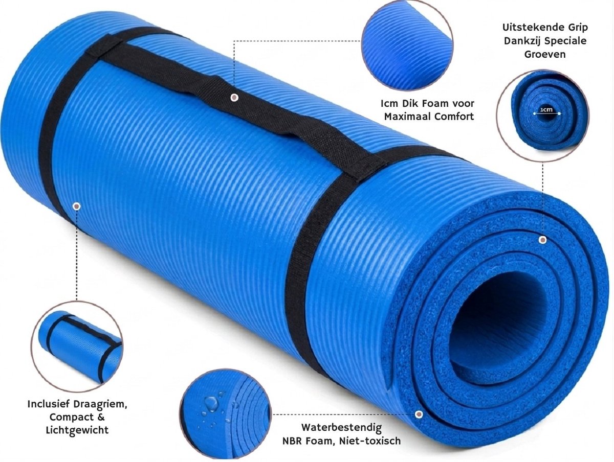 Bobbel Home Luxe Yogamat - 1cm Extra Dik - NBR Antislip - Fitnessmat voor Yoga, Pilates & Home Workout - 180x60cm - Blauw thumbnail 2