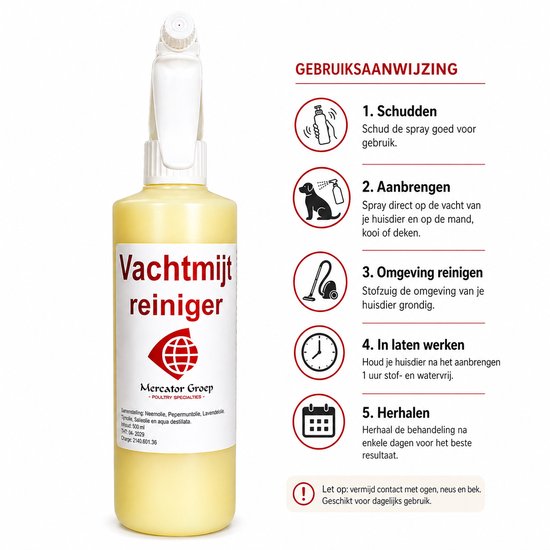 Sprayflacon met gele vloeistof, met gebruiksaanwijzing met 5 stappen en 5 iconen.
