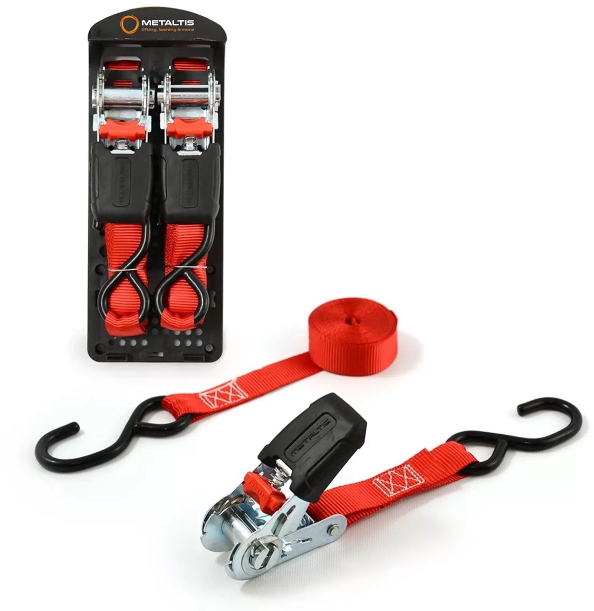 Set van 2 Spanbanden (Sjorbanden) 500kg - 4m x 25mm - Met Ratel en S-haken - Rood