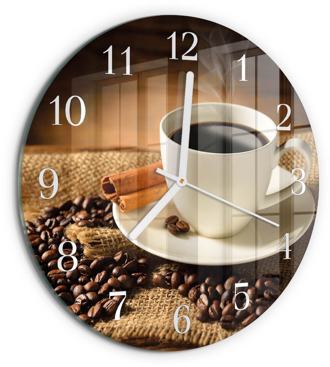 TULUP Wandklok - Koffie Wandklok Glas Met Motief - 30fi cm - Bruin Decoratieve Glazen Klok - Witte Handen - Ronde Wandklok - Wandklok Glas Decoratie - Gekleurde Glazen Klok Bruin - Koffie