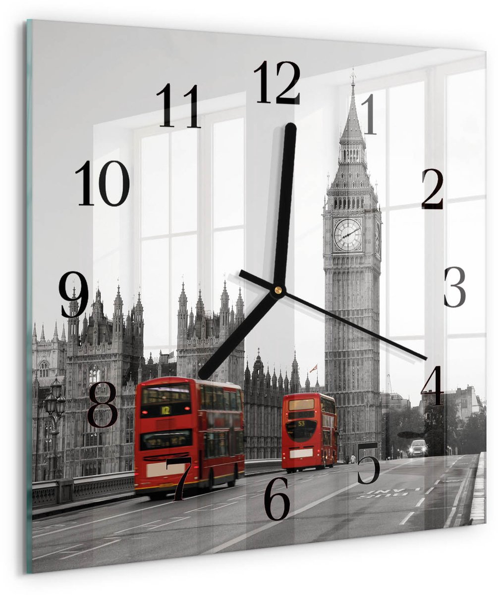 TULUP Wandklok - Londen Gekleurde Glazen Klok - 30x30 cm - Rood Glazen Klok Met Print - Zwarte Handen - Vierkante Wandklok - Glazen Wandklok Design - Klok Glas Met Opdruk Rood - Londen