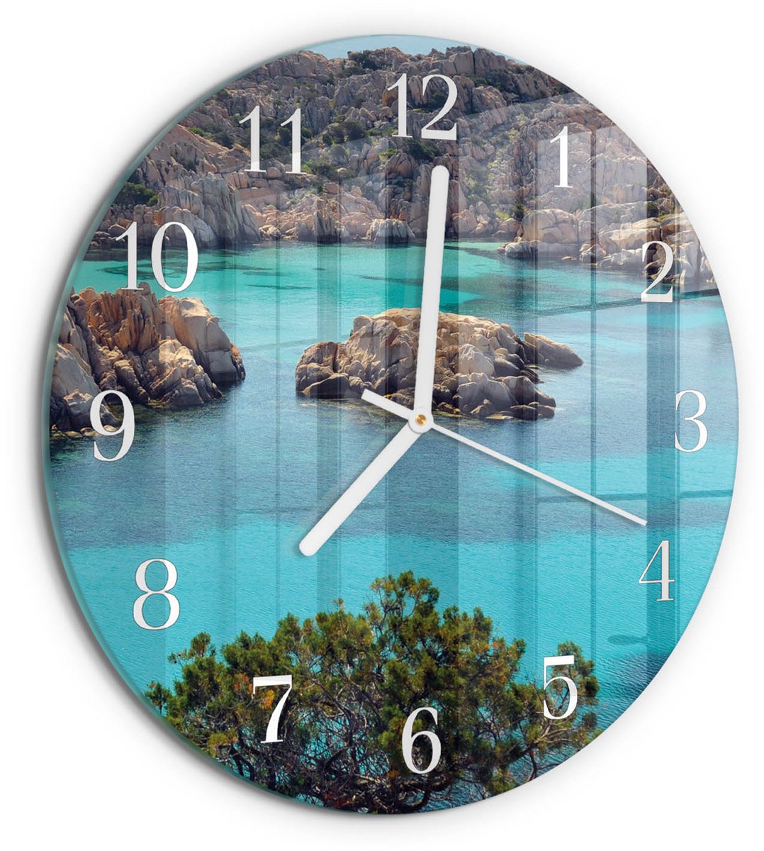 TULUP Wandklok - Zeelandschap Gekleurde Glazen Klok - 30fi cm - Bruin Glazen Klok Met Print - Witte Handen - Ronde Wandklok - Decoratieve Glazen Klok - Glazen Wandklok Design Bruin - Zeelandschap