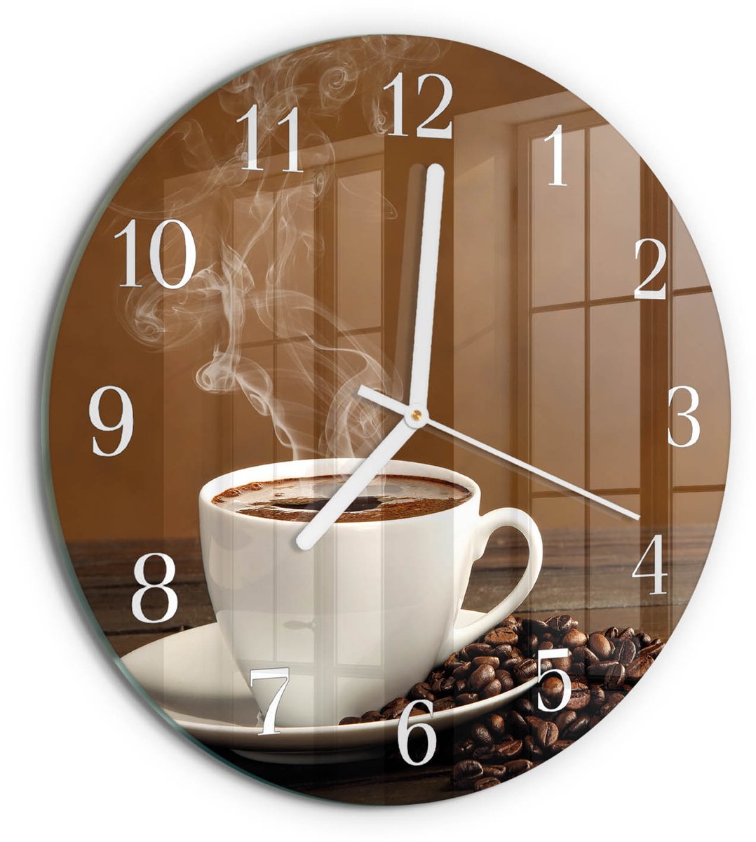 TULUP Wandklok - Koffie Wandklok Glas Met Motief - 30fi cm - Bruin Decoratieve Glazen Klok - Witte Handen - Ronde Wandklok - Glazen Klok Met Print - Wandklok Glas Met Motief Bruin - Koffie