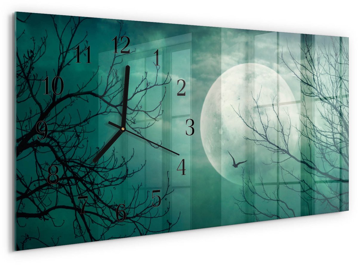 TULUP Wandklok - Maan Decoratieve Glazen Klok - 60x30 cm - Turkoois Glazen Wandklok Design - Zwarte Handen - Rechthoekige Wandklok - Glazen Klok Met Print - Wandklok Glas Met Motief Turkoois - Maan