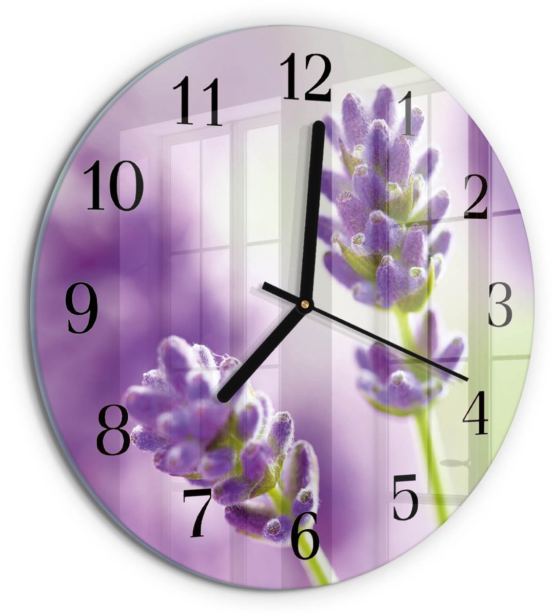 TULUP Wandklok - Lavendel Gekleurde Glazen Klok - 30fi cm - Paars Glazen Klok Met Print - Zwarte Handen - Ronde Wandklok - Klok Glas Met Opdruk - Moderne Wandklok Glas Paars - Lavendel