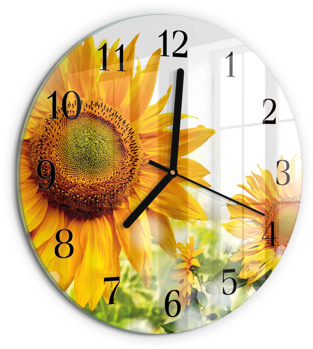 TULUP Wandklok - Zonnebloem Wandklok Glas Decoratie - 30fi cm - Geel Gekleurde Glazen Klok - Zwarte Handen - Ronde Wandklok - Wandklok Glas Met Motief - Decoratieve Glazen Klok Geel - Zonnebloem