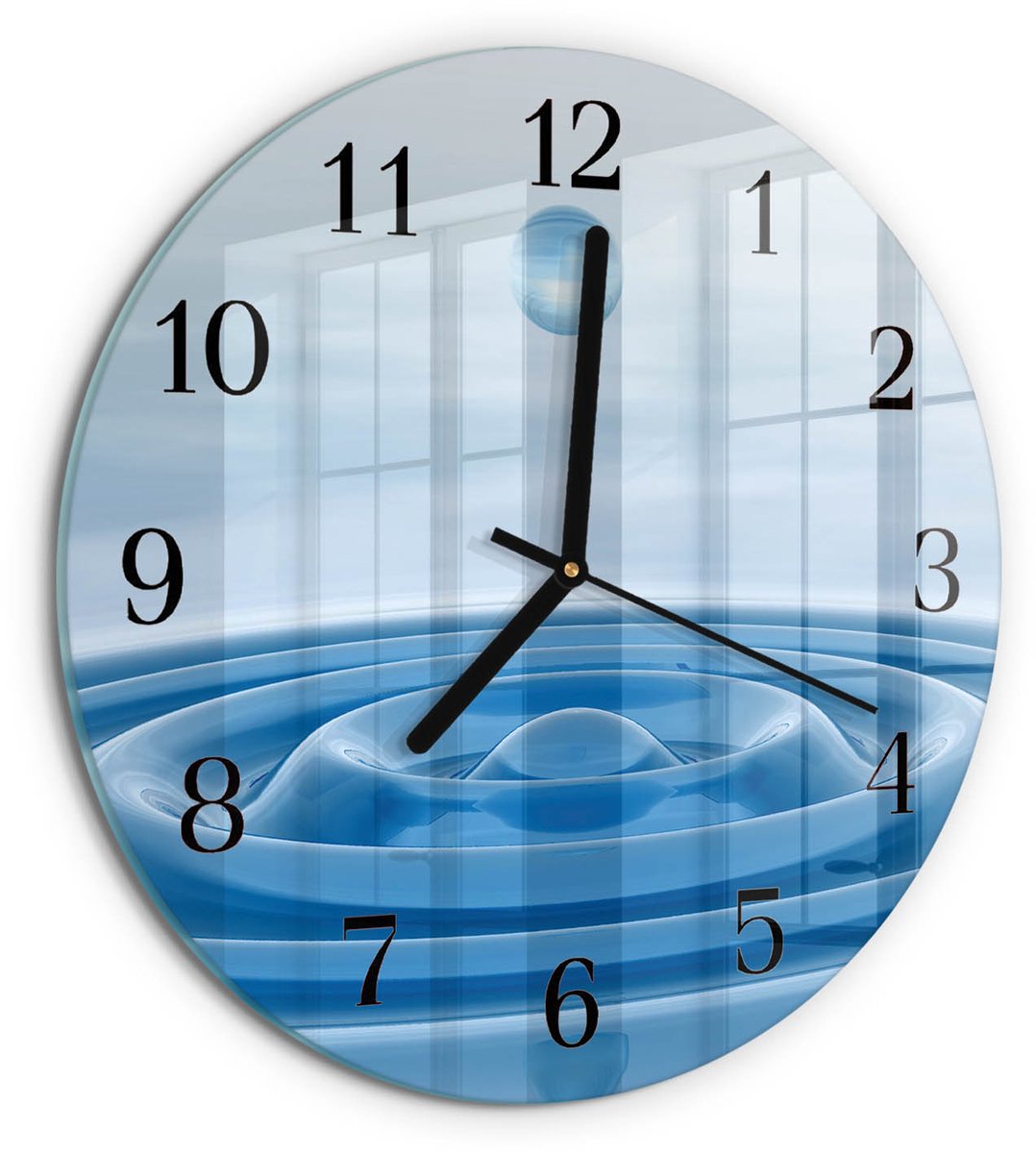 TULUP Wandklok - Water Glazen Klok Met Print - 30fi cm - Blauw Moderne Glazen Wandklok - Zwarte Handen - Ronde Wandklok - Decoratieve Glazen Klok - Glazen Wandklok Design Blauw - Water