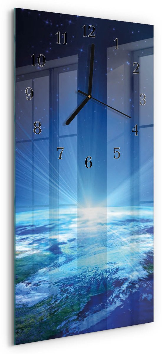 TULUP Wandklok - Het universum van de aarde Moderne Glazen Wandklok - 30x60 cm - Blauw Wandklok Glas Met Motief - Zwarte Handen - Rechthoekige Wandklok - Glazen Wandklok Design - Klok Glas Met Opdruk Blauw - Het universum van de aarde