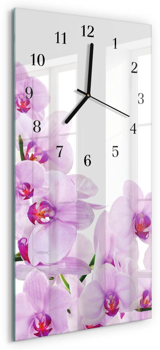 TULUP Wandklok - Orchideeën Wandklok Glas Met Motief - 30x60 cm - Paars Decoratieve Glazen Klok - Zwarte Handen - Rechthoekige Wandklok - Wandklok Glas Met Motief - Decoratieve Glazen Klok Paars - Orchideeën