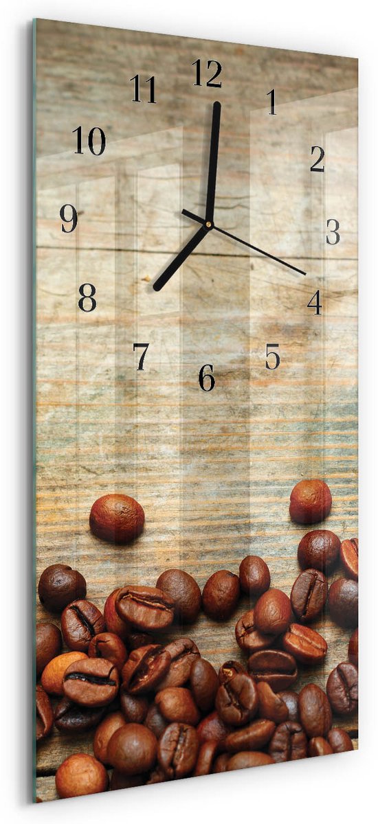 TULUP Wandklok - Koffiebonen Hout Gekleurde Glazen Klok - 30x60 cm - Bruin Glazen Klok Met Print - Zwarte Handen - Rechthoekige Wandklok - Wandklok Glas Met Motief - Decoratieve Glazen Klok Bruin - Koffiebonen Hout